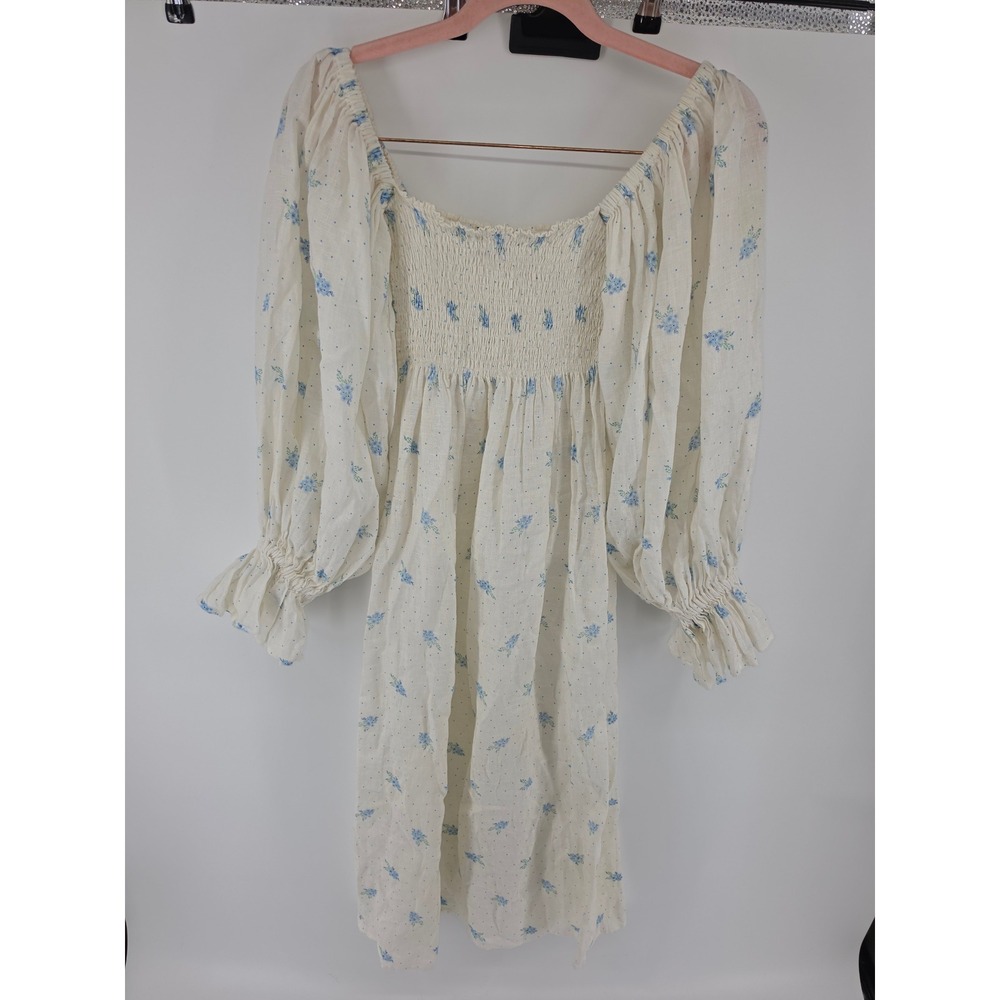 Sleeper Atlanta Linen Dress Blue Floral Polka Dot Smocked Puff Sleeve Womens S